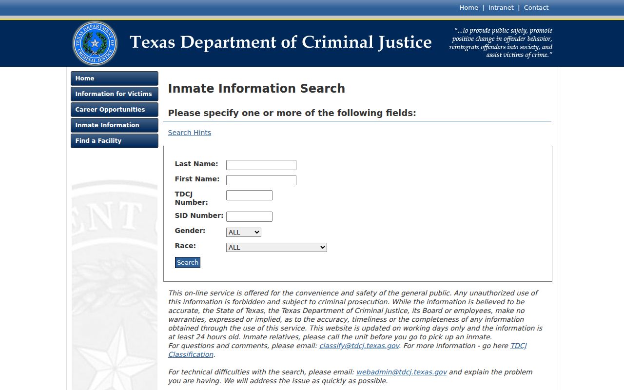 TDCJ state custody fields for Winkler County arrest lookup
