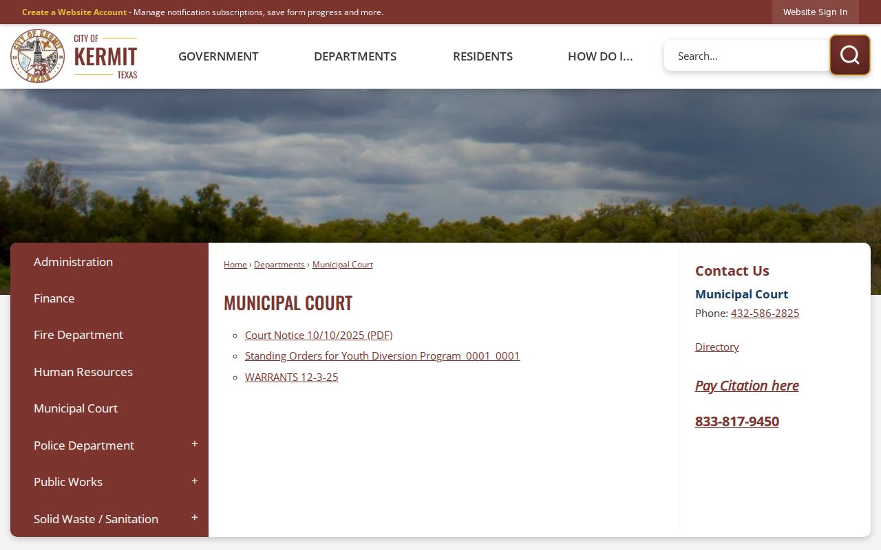 Winkler County criminal court case contacts on Kermit Municipal Court page